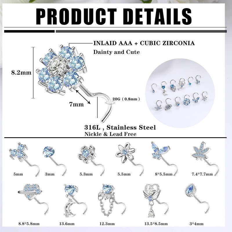 Sanfenly 12 PCS 20G Nose Rings Surgical Stainless Steel, L Shaped Nose Studs for Women Men, CZ Heart Butterfly Flower Leaf Moon Dangle Cute Nose Piercings Studs Screw Jewelry Pink/Purple/Blue/Clear - Image 5